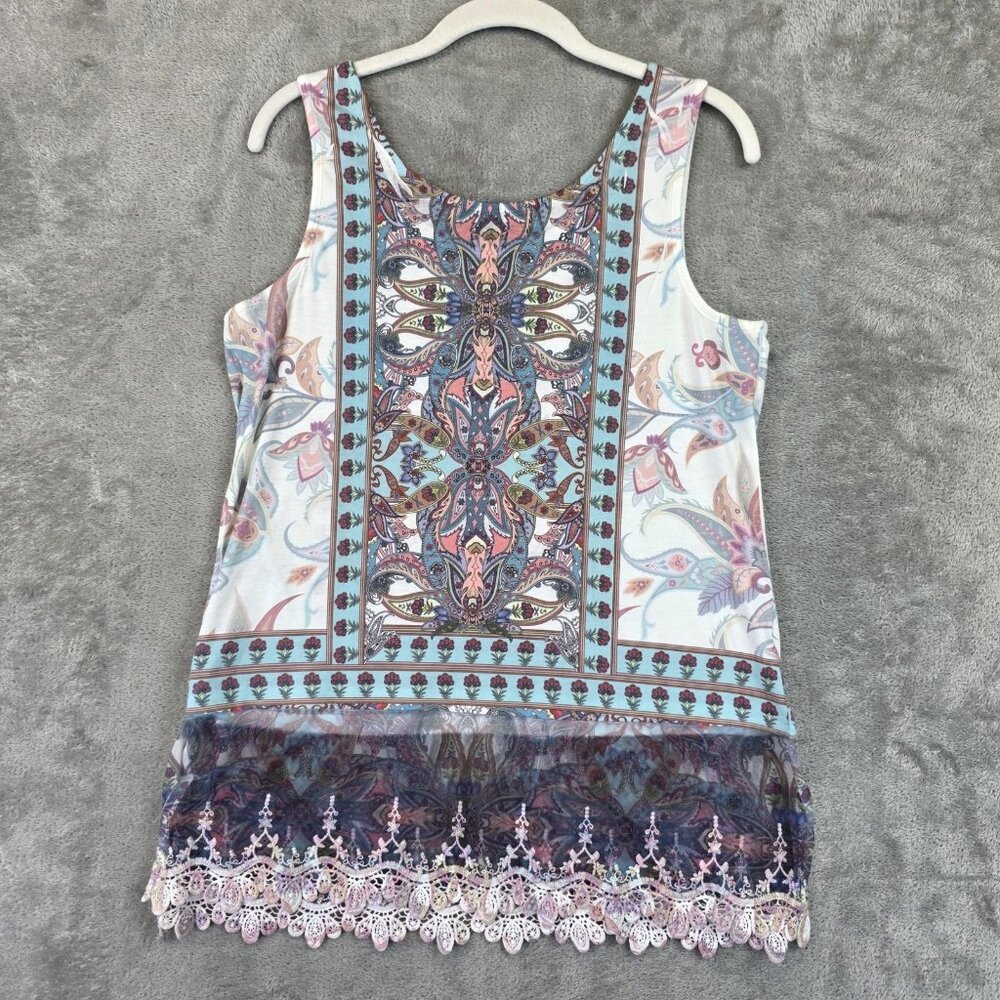 Origami Tank Top Womens Medium Multicolor Boho Paisley Sheer Lace Hem Sleeveless - Picture 9 of 9